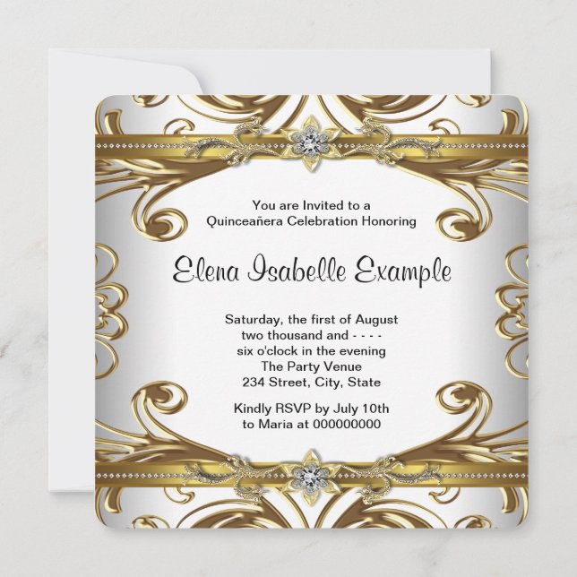 Invitations Elegant or et blanc Quinceanera (Dos)