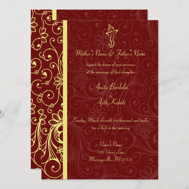 Invitations élégantes de mariage de rouge et d'or (Devant / Derrière)