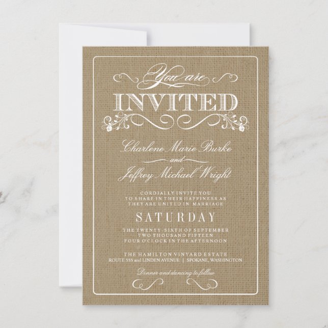 Invitations élégantes de mariage de toile de jute (Devant)