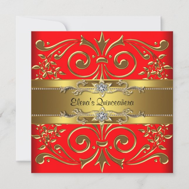 Invitations élégantes de Quinceanera rouge et or (Devant)