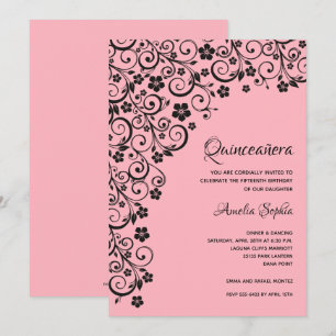 Invitations élégantes Quinceañera noir et rose
