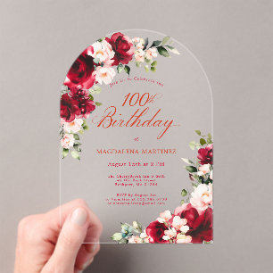 Invitations En Acrylique 100e anniversaire Rose rouge Peony rose Arc floral