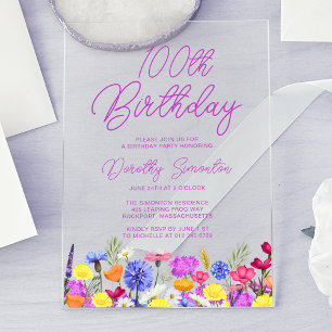 Invitations En Acrylique 100e fête d'anniversaire Fleur sauvage violet