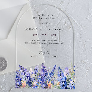 Invitations En Acrylique 18e anniversaire Bleu Larkspur Juillet Arche de fl