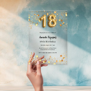 Invitations En Acrylique 18e anniversaire étoiles or clair