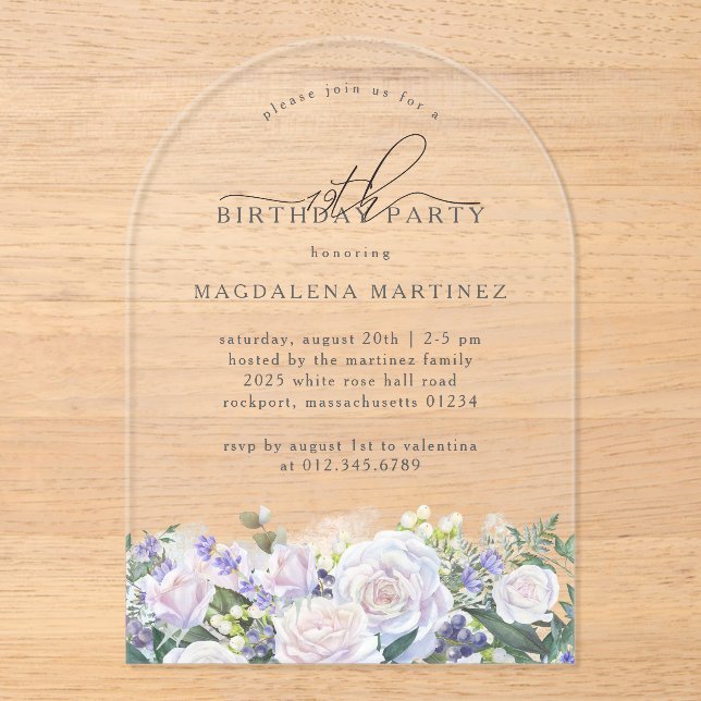 Invitations En Acrylique 19e fête d'anniversaire Blanc Bleu Arc floral (Recto)