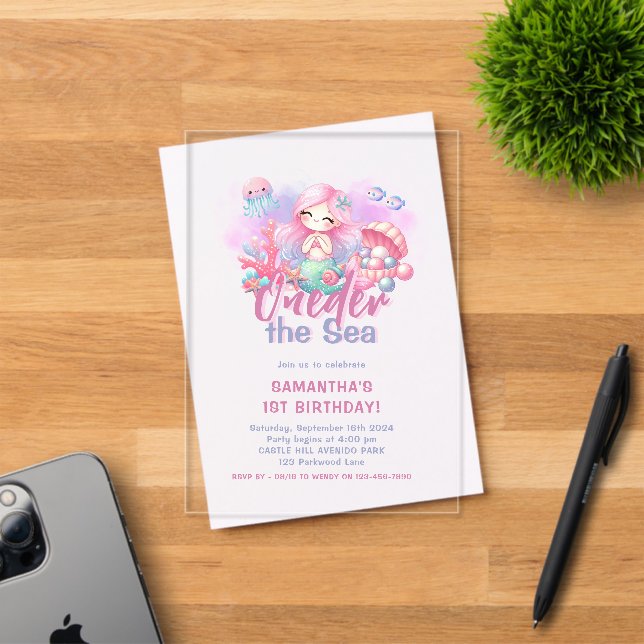 Invitations En Acrylique 1ère fête d'anniversaire | ONEder the Sea Mermaid (Insitu (Carte d'invitation))