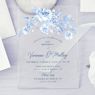 Invitations En Acrylique 21e fête d'anniversaire Dusty Blue Floral