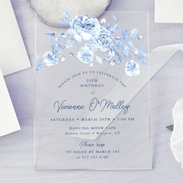 Invitations En Acrylique 25th Birthday Party Dusty Blue Floral (Créateur téléchargé)