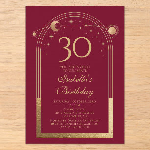 Invitations En Acrylique 30e Anniversaire Bourguignon Or Étoiles Célestes