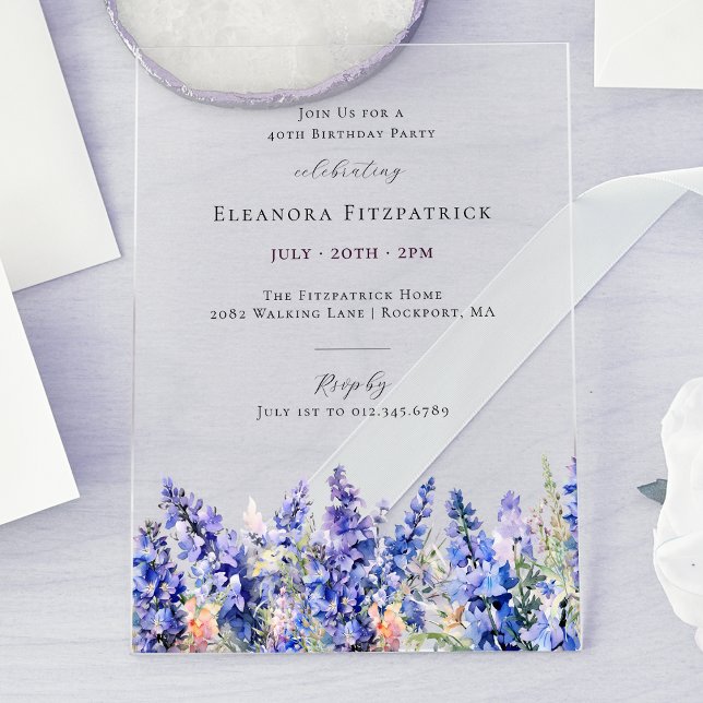 Invitations En Acrylique 40e anniversaire Bleu Larkspur Juillet Fleur de na (Créateur téléchargé)