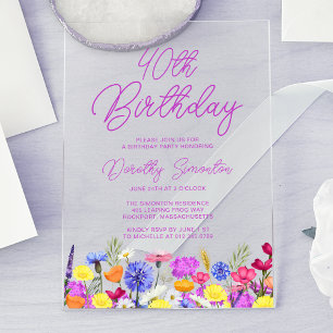 Invitations En Acrylique 40e anniversaire de fête Boho violet Fleur sauvage