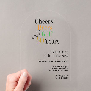 Invitations En Acrylique 40e anniversaire Golf Cheers Bières Party