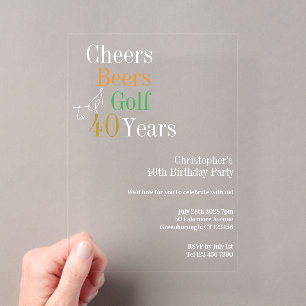 Invitations En Acrylique 40e anniversaire Golf Cheers Bières Party