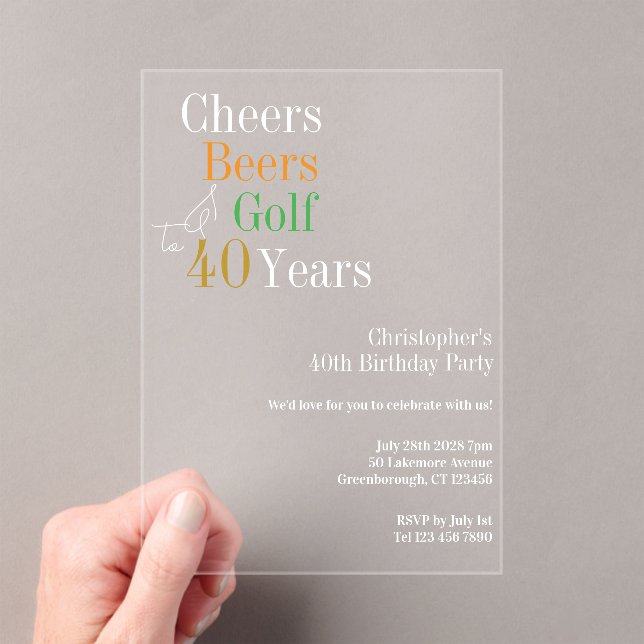 Invitations En Acrylique 40e anniversaire Golf Cheers Bières Party (In situ (ordinateur de poche))