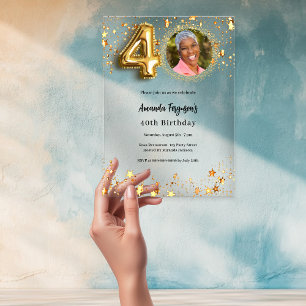 Invitations En Acrylique 40e anniversaire or photo étoiles clair