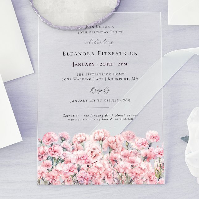 Invitations En Acrylique 40th Birthday Pink Carnation January Birth Flower (Créateur téléchargé)