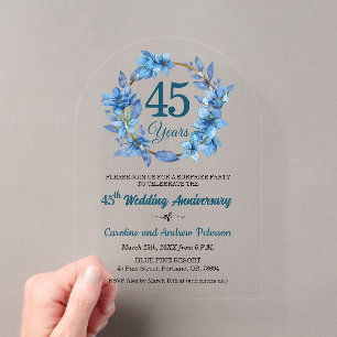 Invitations En Acrylique 45e Anniversaire de Mariage Surprise Fleurs Bleues