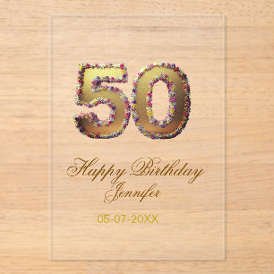 Invitations En Acrylique 50e anniversaire ajouter nom date année or floral 