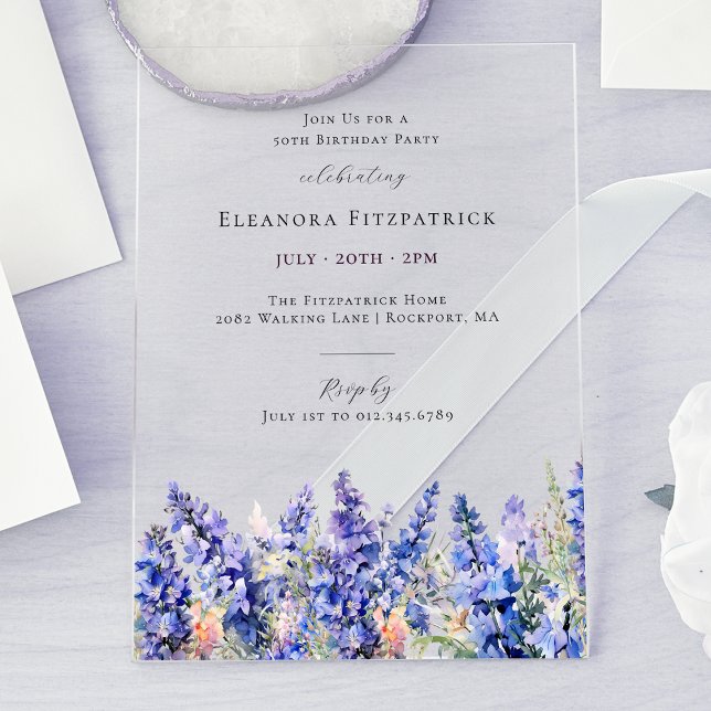 Invitations En Acrylique 50e anniversaire Bleu Larkspur Juillet Fleur de na (Créateur téléchargé)
