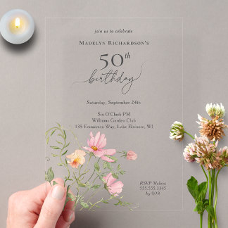 Invitations En Acrylique 50e anniversaire Féminin Aquarelle Fleur sauvage