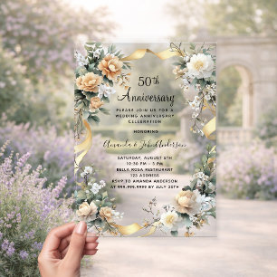 Invitations En Acrylique 50e anniversaire mariage fleurons jaunes or clair