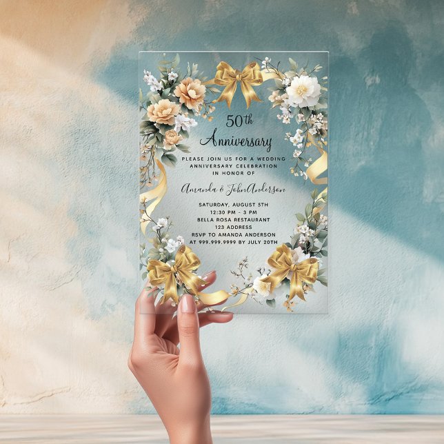 Invitations En Acrylique 50e anniversaire mariage florifères jaunes arcs or (Créateur téléchargé)