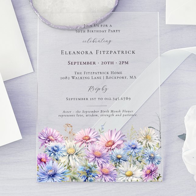 Invitations En Acrylique 50th Birthday Party September Birth Month Flower  (Créateur téléchargé)
