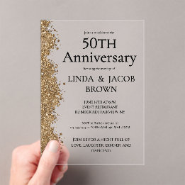 Invitations En Acrylique 50th Wedding Anniversary Gold Faux Glitter 
