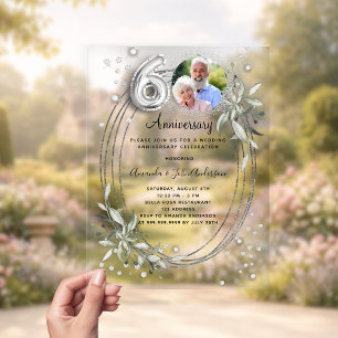 Invitations En Acrylique 60e anniversaire de mariage photo argent diamant