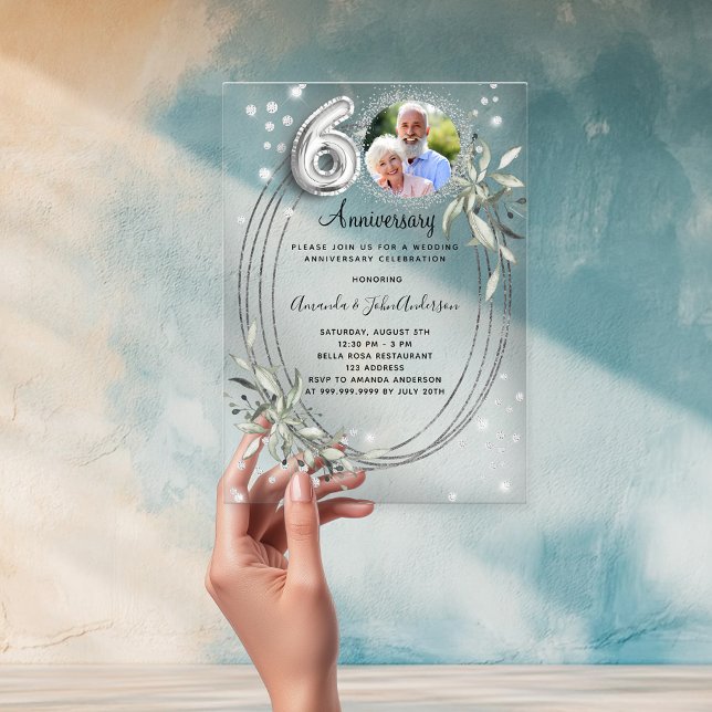 Invitations En Acrylique 60e anniversaire du mariage photo diamant argent (Créateur téléchargé)