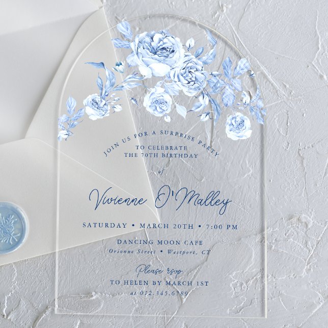 Invitations En Acrylique 70e anniversaire Surprise Party Blue Floral Arch (Créateur téléchargé)