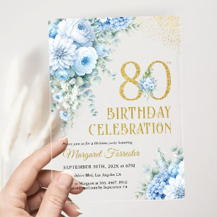 Invitations En Acrylique 80e Anniversaire Féminin Poussiéreux Bleu Or Paill