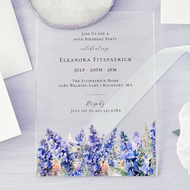 Invitations En Acrylique 90e anniversaire Bleu Larkspur Juillet Fleur de na (Créateur téléchargé)