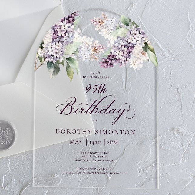Invitations En Acrylique 95e Anniversaire de la Fleur Lilac de printemps vi (Créateur téléchargé)