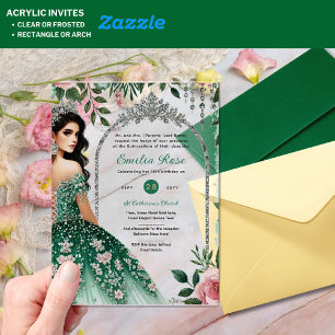 Invitations En Acrylique ACRYLIC Emerald Green Silver Robe de coing Fleurs