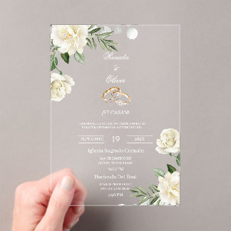 Invitations En Acrylique Acrylic greenery white rose wedding 