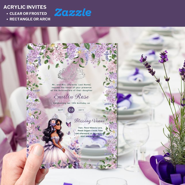 Invitations En Acrylique ACRYLIC Purple Silver Quinceañera Floral Wisteria (Créateur téléchargé)