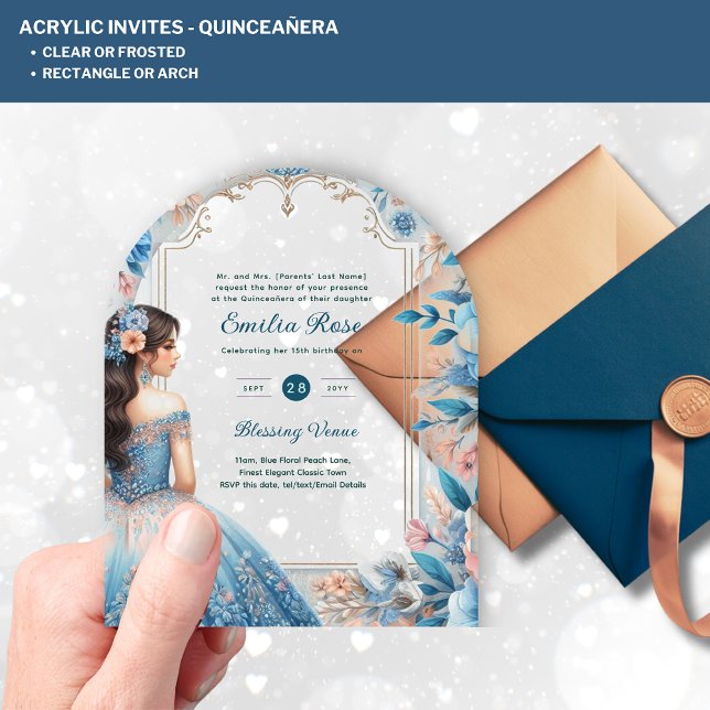 Invitations En Acrylique ACRYLIC Quinceañera Blue Silver Peach Robe Florale (Créateur téléchargé)