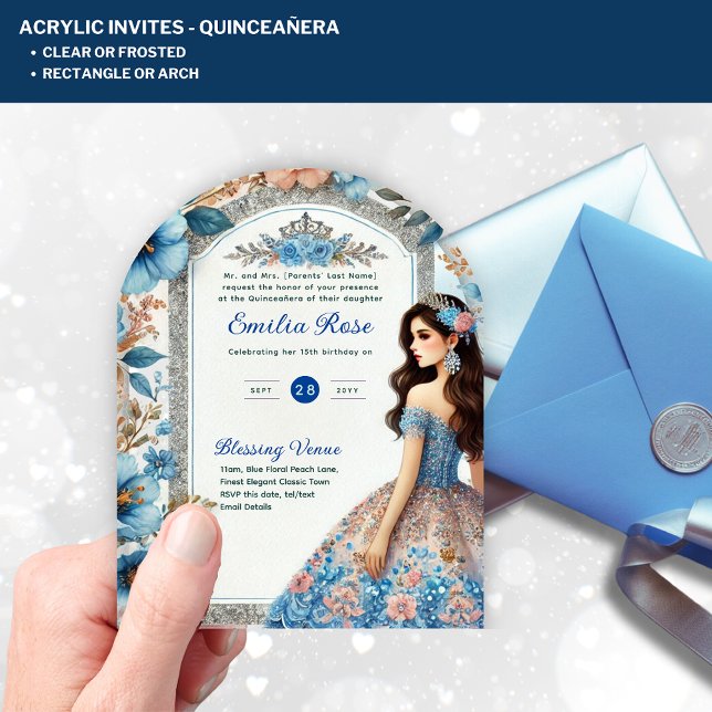 Invitations En Acrylique ACRYLIC Quinceañera Blue Silver Peach Robe Florale (Créateur téléchargé)