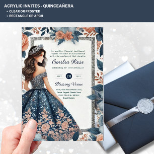 Invitations En Acrylique ACRYLIC Quinceañera Blue Silver Peach Robe Florale