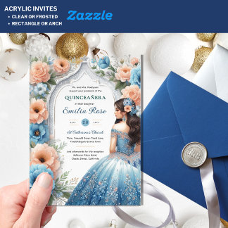Invitations En Acrylique ACRYLIC Quinceañera Blue Silver Peach Robe Florale