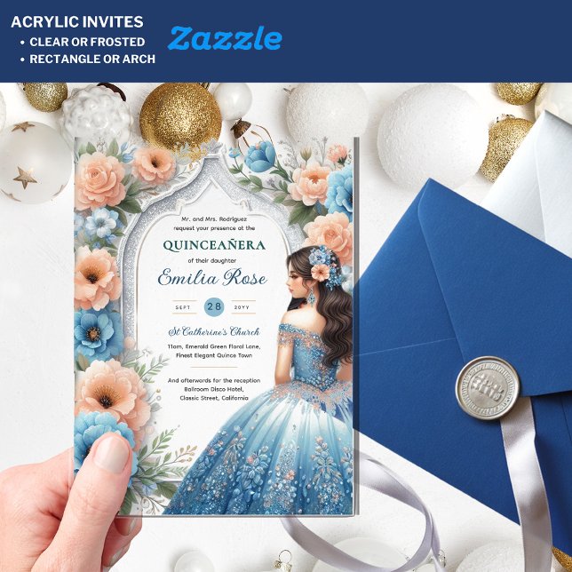 Invitations En Acrylique ACRYLIC Quinceañera Blue Silver Peach Robe Florale (Créateur téléchargé)