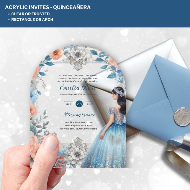 Invitations En Acrylique ACRYLIC Quinceañera Blue Silver Peach Robe Florale (Créateur téléchargé)