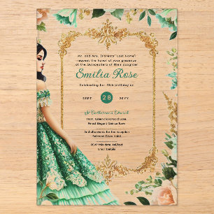 Invitations En Acrylique ACRYLIC Quinceañera Emerald GREEN Gold robe