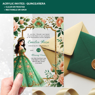 Invitations En Acrylique ACRYLIC Quinceañera Emerald GREEN Gold robe