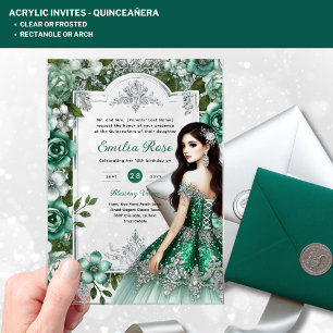 Invitations En Acrylique ACRYLIC Quinceañera Emerald GREEN Silver Robe