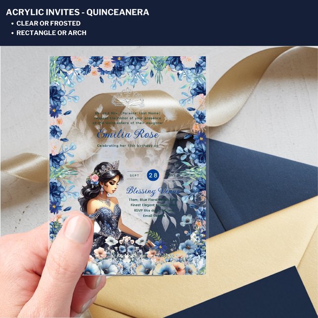 Invitations En Acrylique ACRYLIC Quinceanera Robe Florale bleue Quince (Créateur téléchargé)