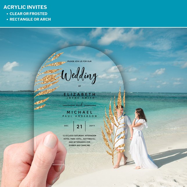 Invitations En Acrylique ACRYLIC Wedding Invite Tropical Gold Leaf Beach (Créateur téléchargé)