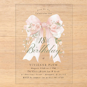 Invitations En Acrylique ACRYLIQUE TRANSPARENT 18e Anniversaire Rose Floral